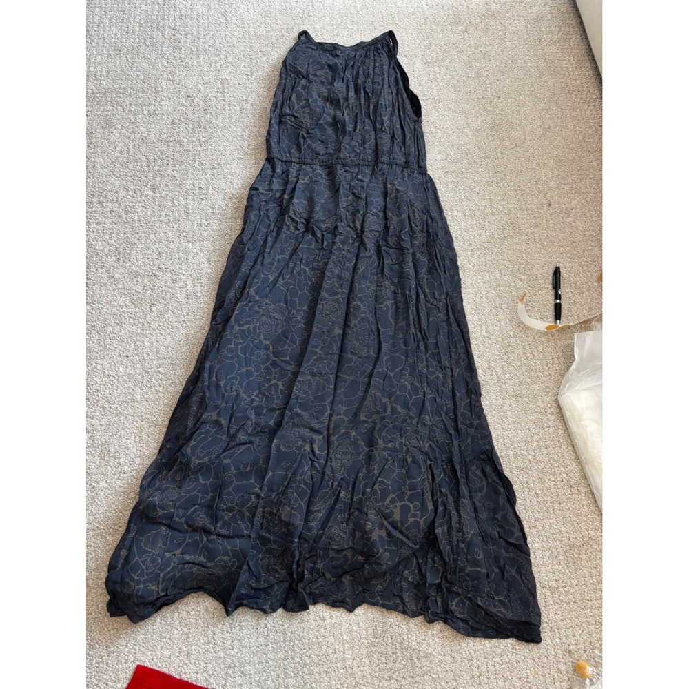 World Market Maxi Dress L/XL Blue Gold Floral Boho Crinkle Sleeveless Tiered - Picture 7 of 8
